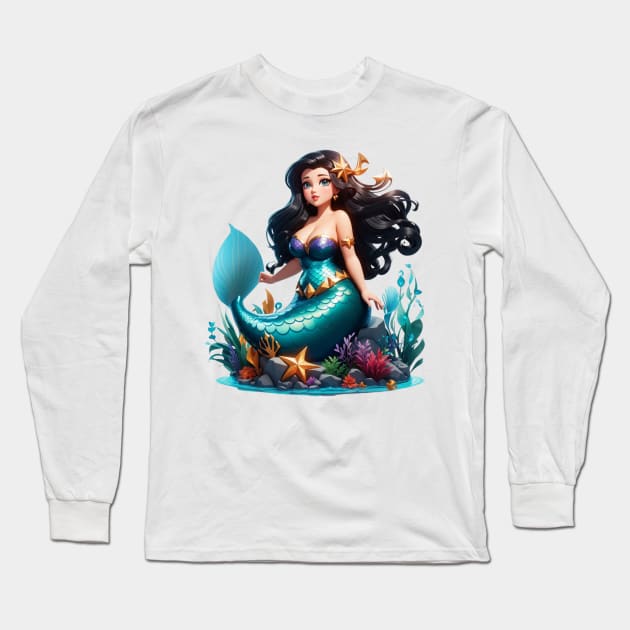 Raven haired Cute Little Plus Size Mermaid Long Sleeve T-Shirt by MGRCLimon